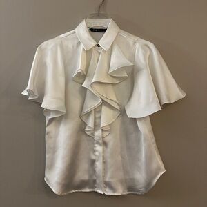 Zara White Ruffle Front Short Sleeved Silk Blouse XS